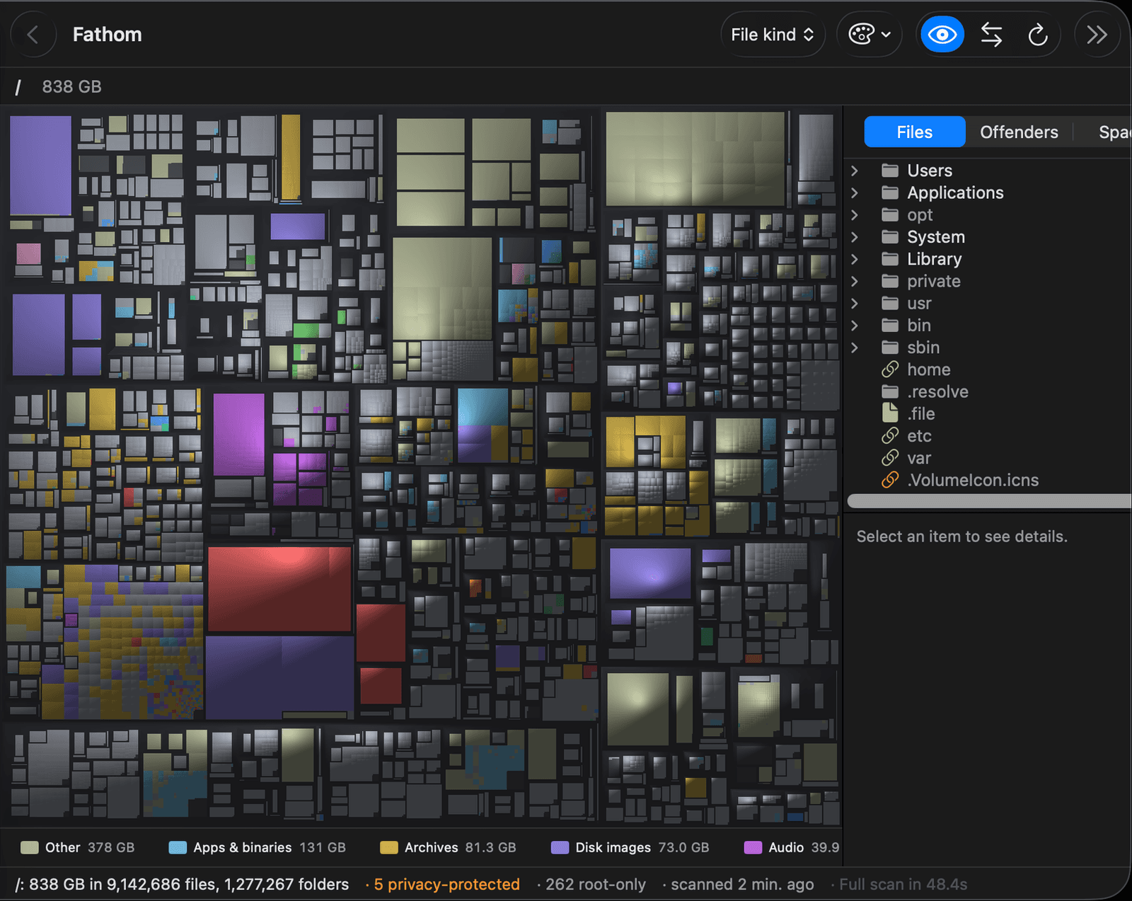 Fathom showing a whole Mac disk as a treemap of thousands of shaded rectangles