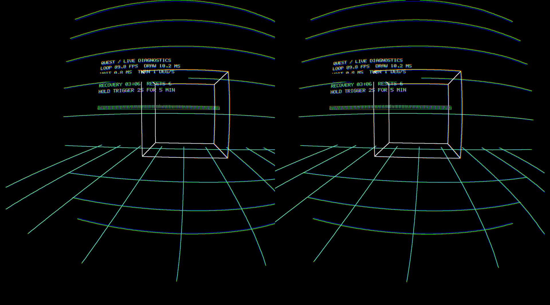 Stereo wireframe cube and grid floor with an overlay reading 89.8 frames per second