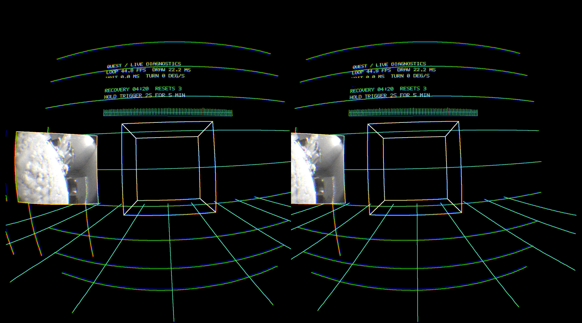 Stereo VR view from the headset: wireframe cube on a curved grid floor, diagnostics overlay, live camera panel
